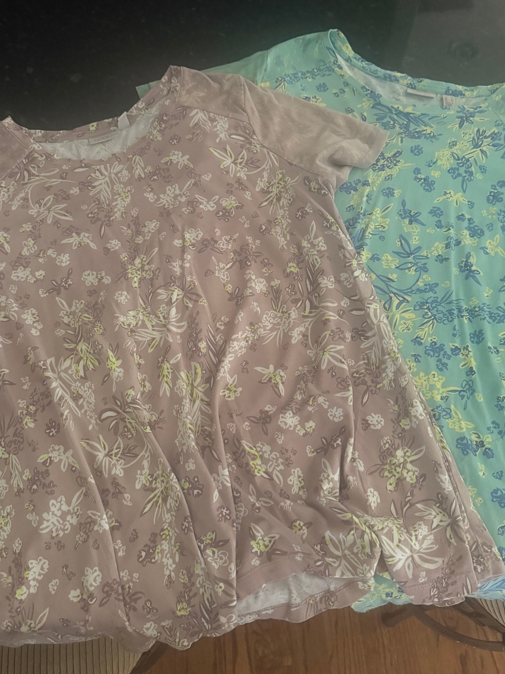 2 LOGO Floral Short-Sleeve Tops w/asymmetrical hemline- Teal and Tan. Size Lg.